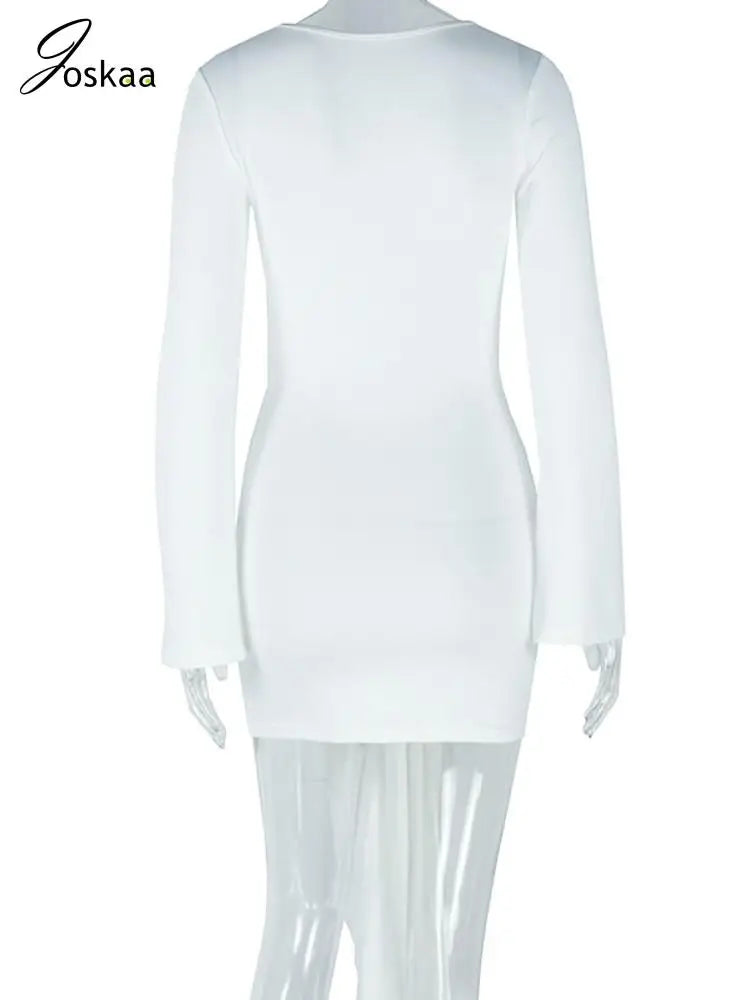 Women's Long Sleeve Elegant Solid Bandage Mini Dress White – Detail View