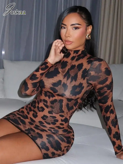 Women's Leopard Print Long Sleeve Mini Dress Leopard Print – Front View