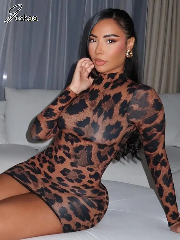 Women's Leopard Print Long Sleeve Mini Dress Leopard Print – Front View