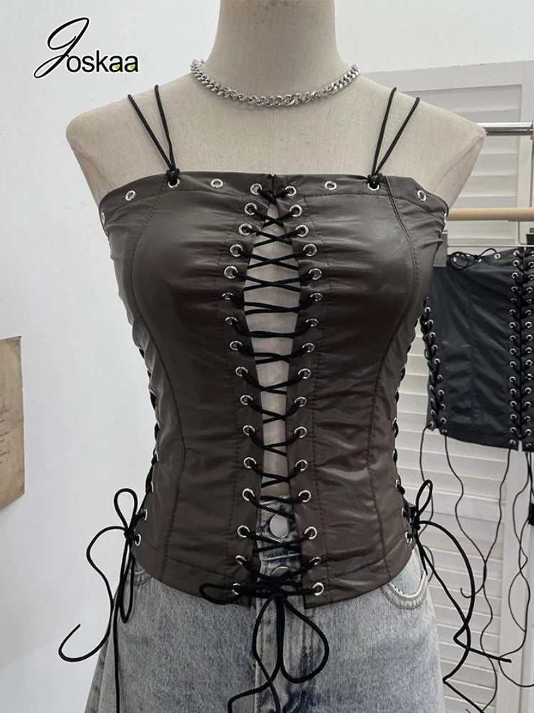 Women's Faux Leather Crop Mini Two Piece Set Top-Gray – Front View