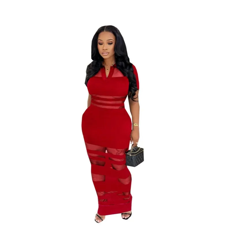 Women's Mesh Short Sleeve Bodycon Maxi Dress