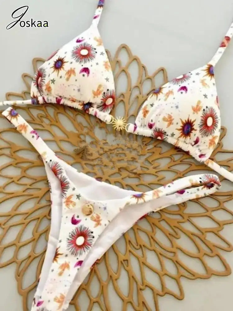 Women's High Waist Swimwear Piece Triangle Bikini Set Flower – Front View