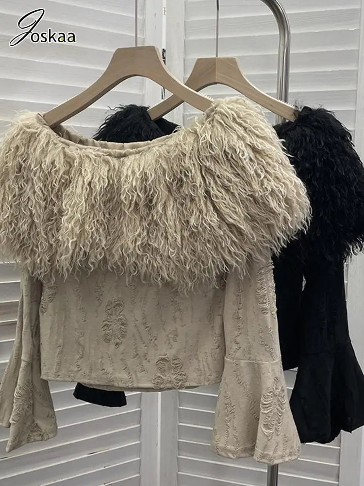 Wholesale Women's Long Sleeve Fall Faux Fur Top Apricot – Detail View