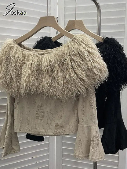 Wholesale Women's Long Sleeve Fall Faux Fur Top Apricot – Detail View