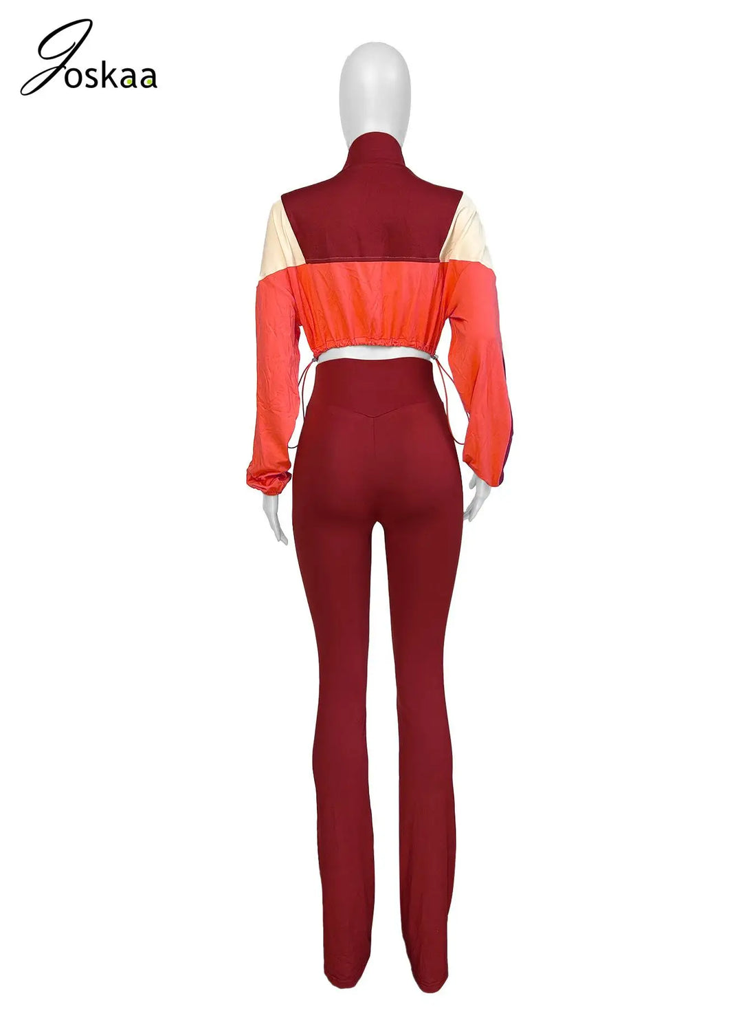 Women's Long Sleeve Crop Flare Two Piece Set Rose Red – Detail View
