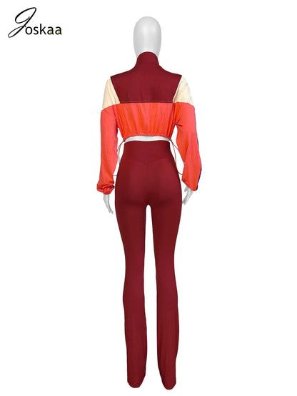 Women's Long Sleeve Crop Flare Two Piece Set Rose Red – Detail View