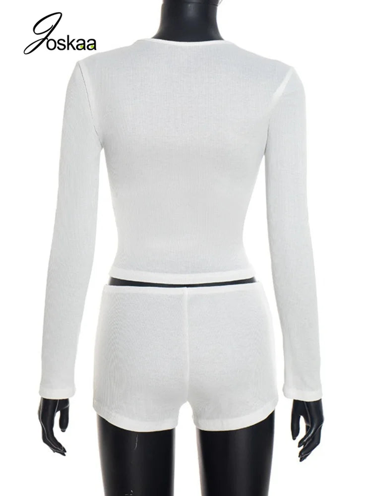 Women's Ribbed Knit Cutout Long Sleeve Bodycon Two Piece Set - Detail View