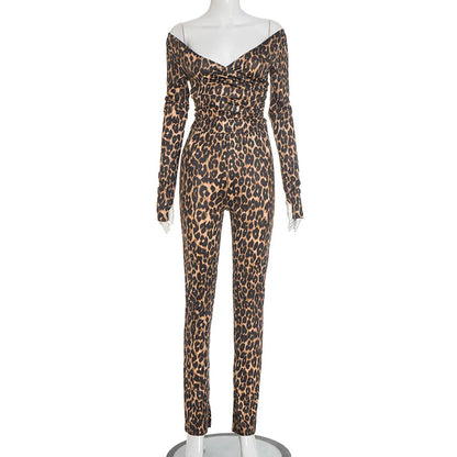 Women's Leopard Print Long Sleeve High Waist Two Piece Set