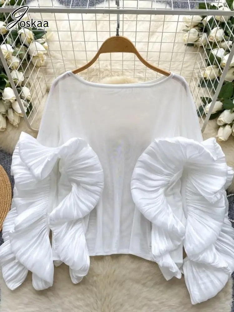 Women's Mesh Long Sleeve Luxury Blouse Ruffles Top White – Front View