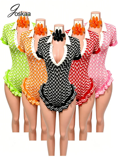 Women's Striped Ribbed Knit Bodycon Romper - Model Wearing Style