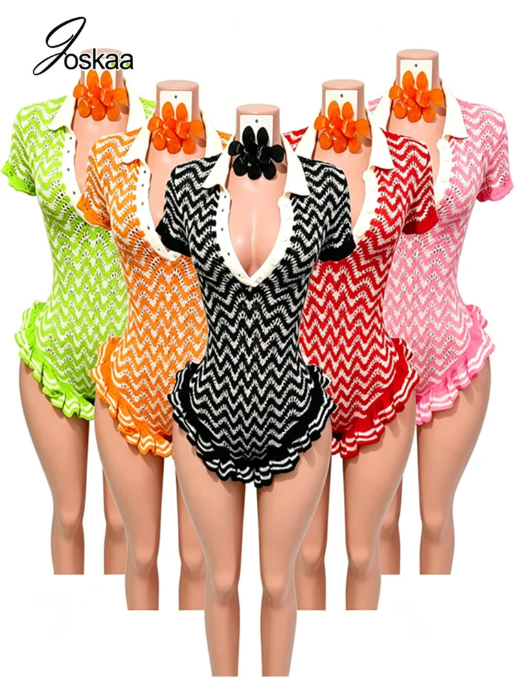 Women's Striped Ribbed Knit Bodycon Romper - Model Wearing Style