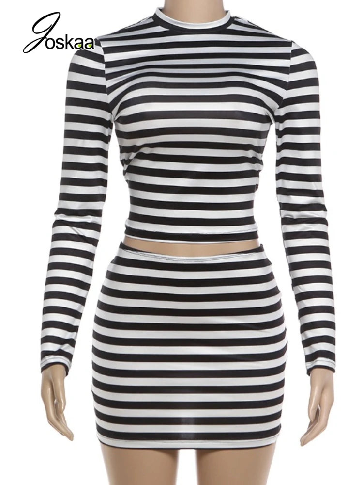Women's Stripe Long Sleeve Crop Two Piece Set Black – Back View