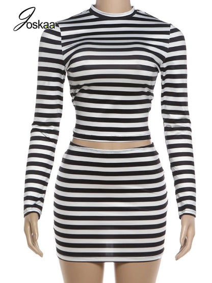 Women's Stripe Long Sleeve Crop Two Piece Set Black – Back View