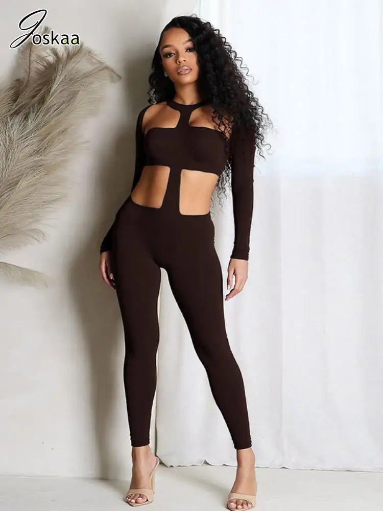 Women's Backless Cutout Long Sleeve Romper Black – Front View