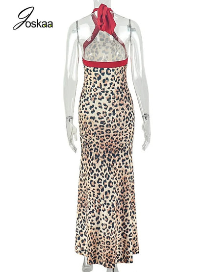 Women's Leopard Print Lace Backless Halter Maxi Dress - Detail View