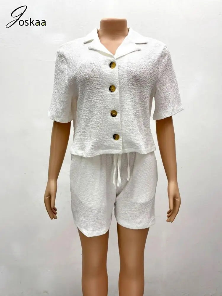 Women's Short Sleeve Concise Button Shirts Two Piece Set White – Back View