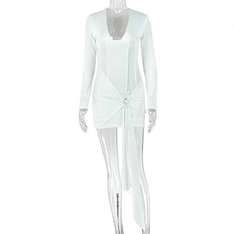 Women's Ruched V-neck Long Sleeve Bodycon Mini Dress White - Detail View 6