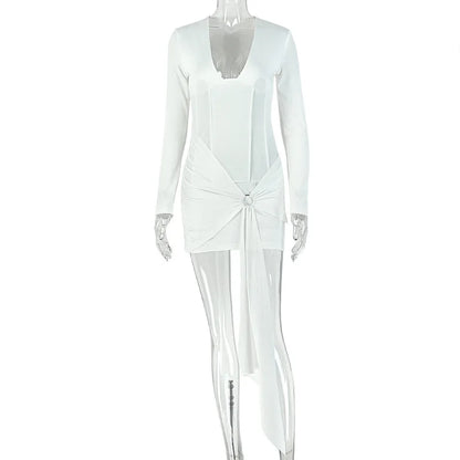 Women's Ruched V-neck Long Sleeve Bodycon Mini Dress White - Detail View 6