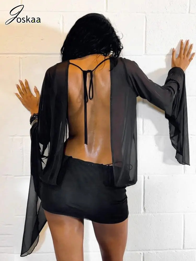Women's Mesh Backless Flare Black Deep Dress Black – Side View