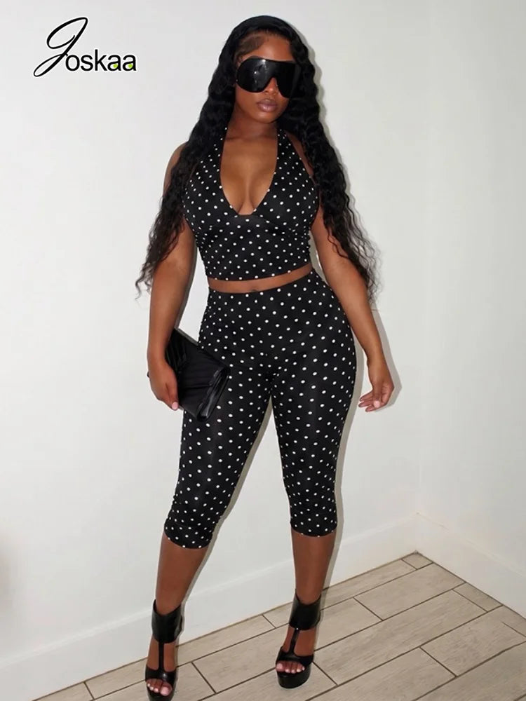 Women's Polka Dot Backless Halter Two Piece Set Yellow – Front View