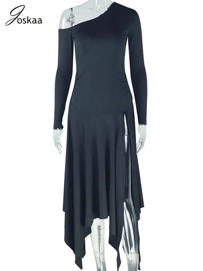 Women's One Shoulder Long Sleeve Elegant Oblique Dress Black – Back View