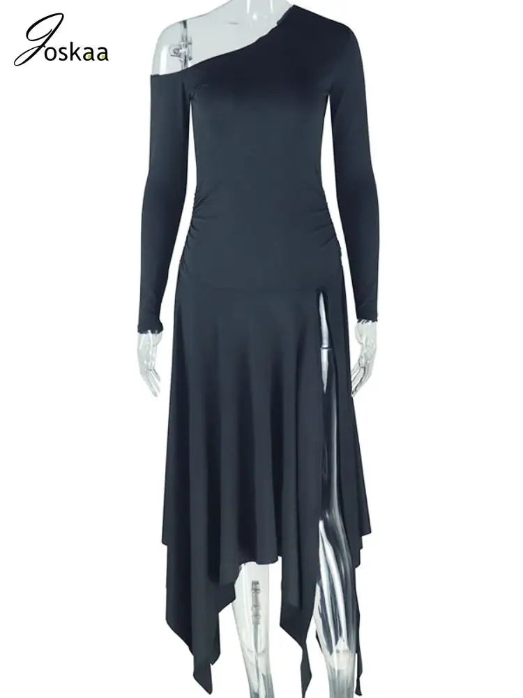 Women's One Shoulder Long Sleeve Elegant Oblique Dress Black – Back View
