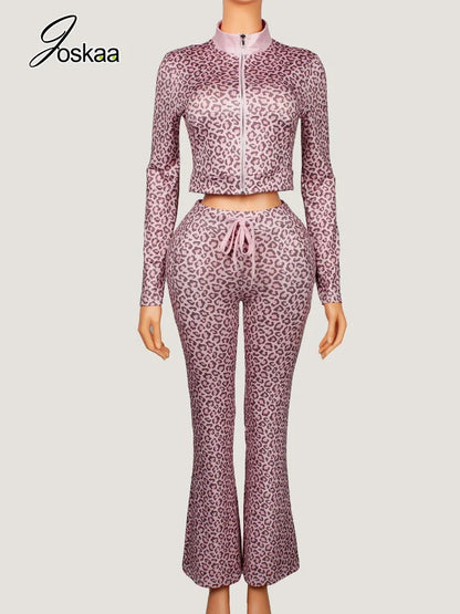 Women's Leopard Print Long Sleeve Crop Two Piece Set Pink – Back View