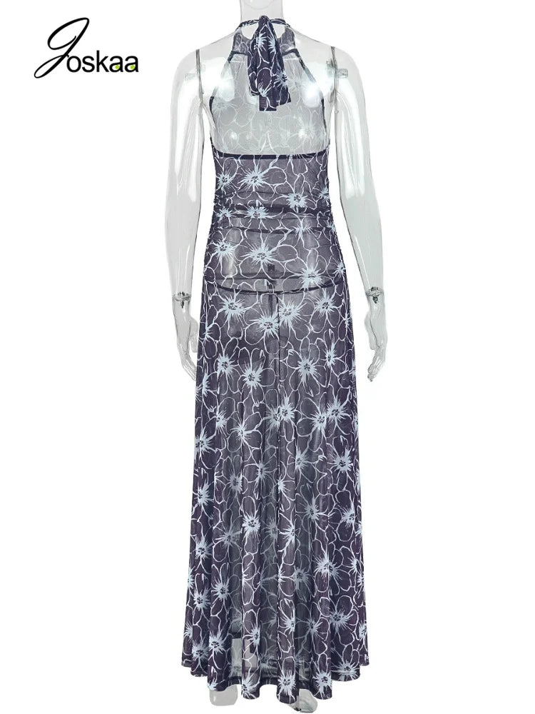 Women's Floral Print Lace Mesh Backless Dress Mixed – Detail View