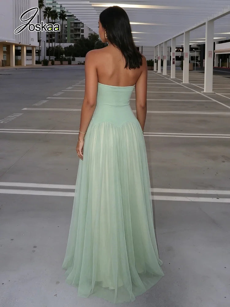 Women's Mesh Backless Strapless Maxi Dress Green – Front View
