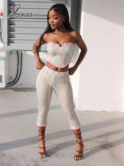 Women's Striped Strapless One Shoulder High Waist Two Piece Set - Front View