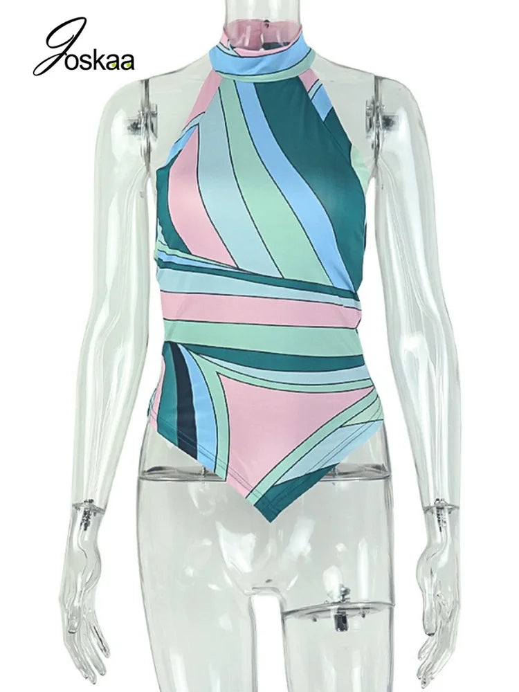 Women's Striped Backless Halter Sleeveless Top - Back View