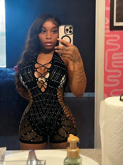 Women's Rhinestone Backless Cutout Romper