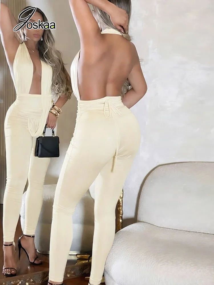 Women's Ruched Backless V-neck Halter Romper - Front View
