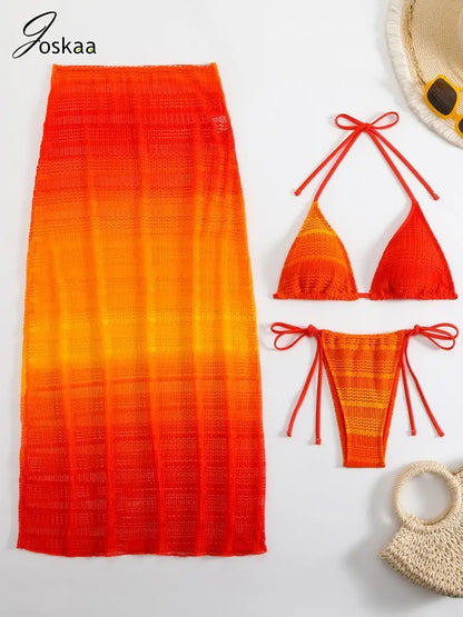 Women's Mesh Swimwear Gradient 3-piece Bikini Set Blue – Back View