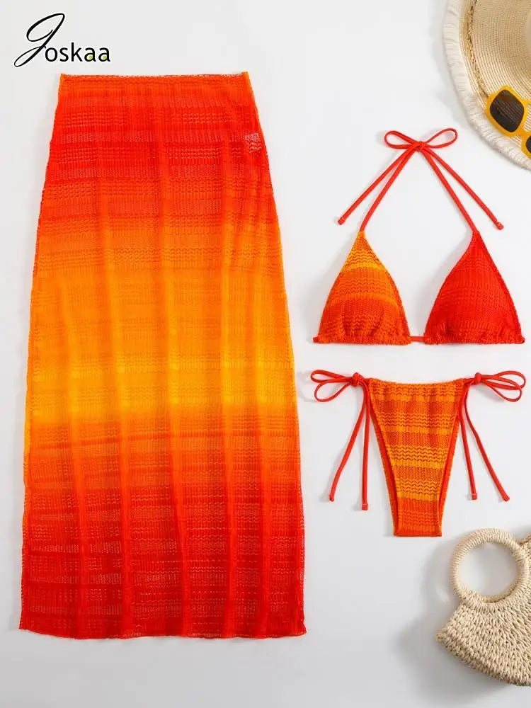 Women's Mesh Swimwear Gradient 3-piece Bikini Set Blue – Back View