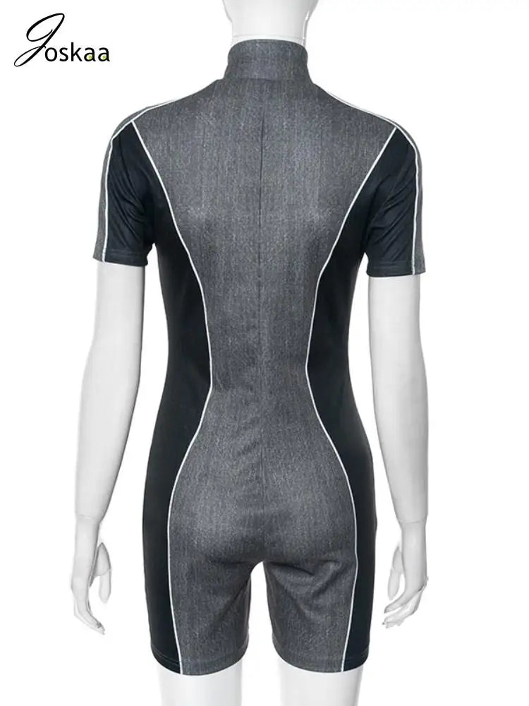 Wholesale Women's Short Sleeve Bodycon Zip Romper Gray – Detail View