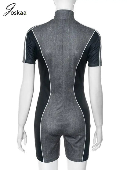 Wholesale Women's Short Sleeve Bodycon Zip Romper Gray – Detail View