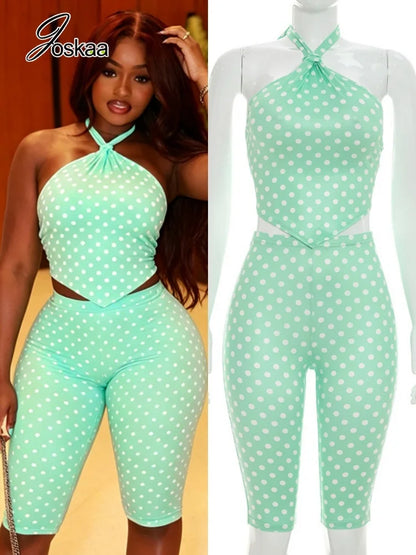 Women's Polka Dot Backless Halter High Waist Two Piece Set - Women's Fashion Wholesale - Front View