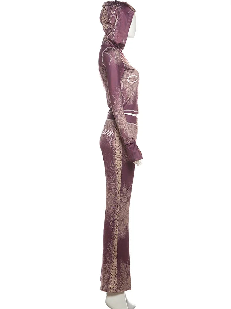 Joskaa Snake Print Zip Up Long Sleeve Crop Two Piece Set - two piece set image 3