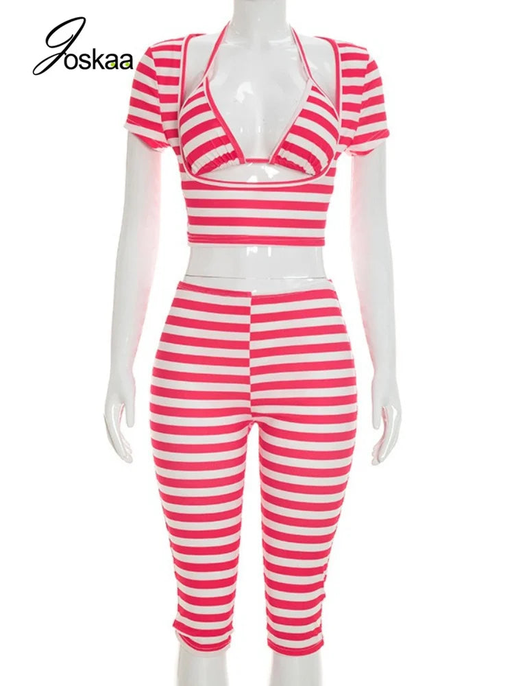 Women's Stripe Short Sleeve Crop Two Piece Set Yellow – Back View