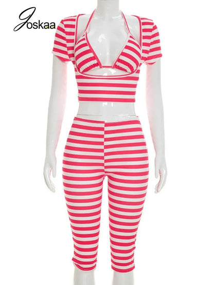 Women's Stripe Short Sleeve Crop Two Piece Set Yellow – Back View