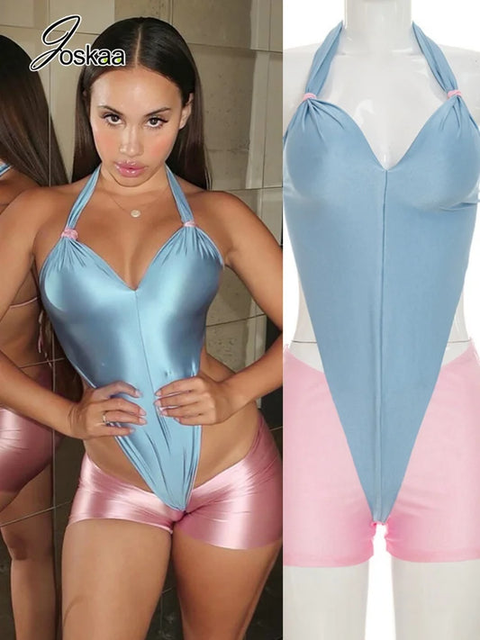 Women's Backless Cutout V-neck Halter Romper - Women's Fashion Wholesale - Front View