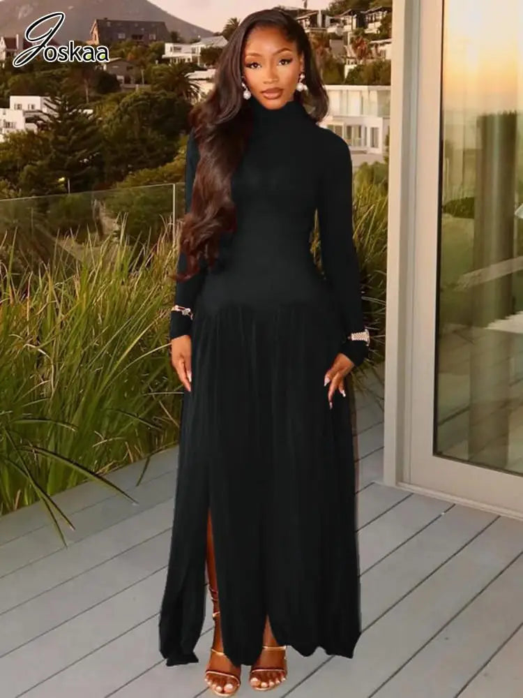 Women's Ruched Long Sleeve Bodycon Maxi Dress Dark Brown – Side View