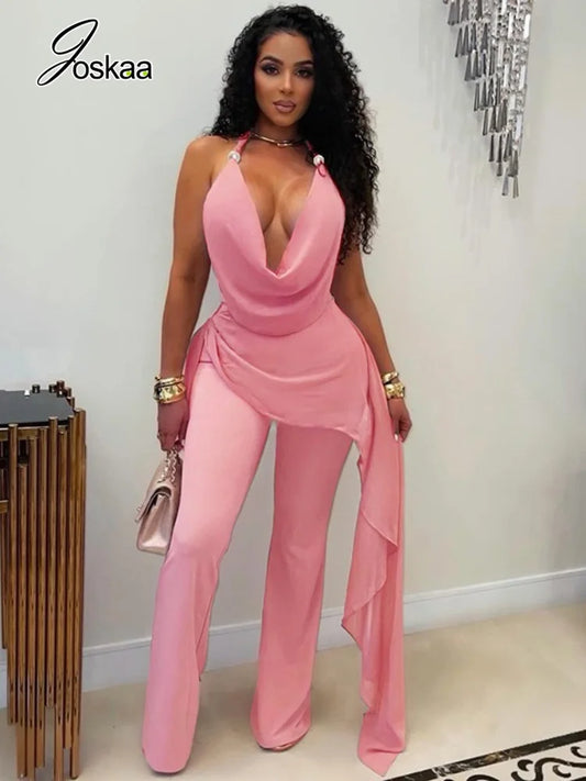 Women's Backless V-neck Halter Sleeveless Romper - Front View