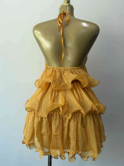 Joskaa Backless Halter Mini Dress Yellow Holiday Ruffles - mini dress image 4