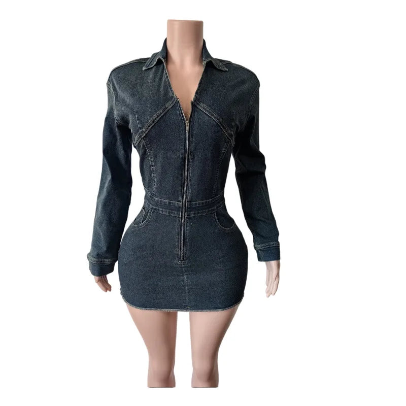 Women's Denim Print V-neck Zip Up Long Sleeve Mini Dress - Additional View 7