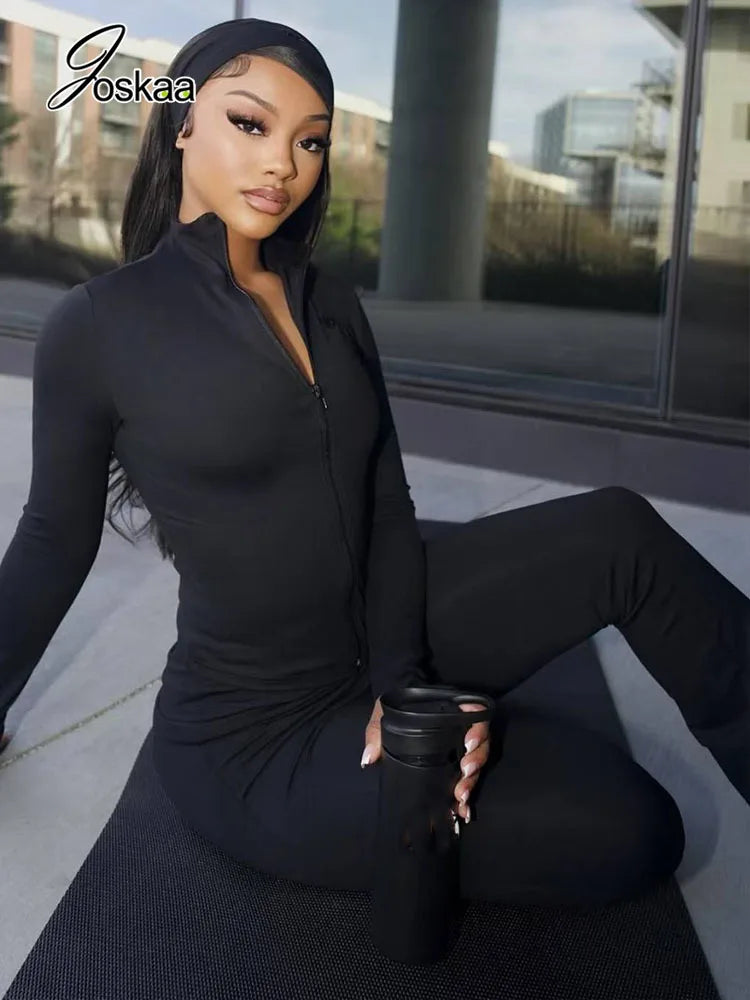Women's Long Sleeve Crop Zip Two Piece Set Pink – Back View