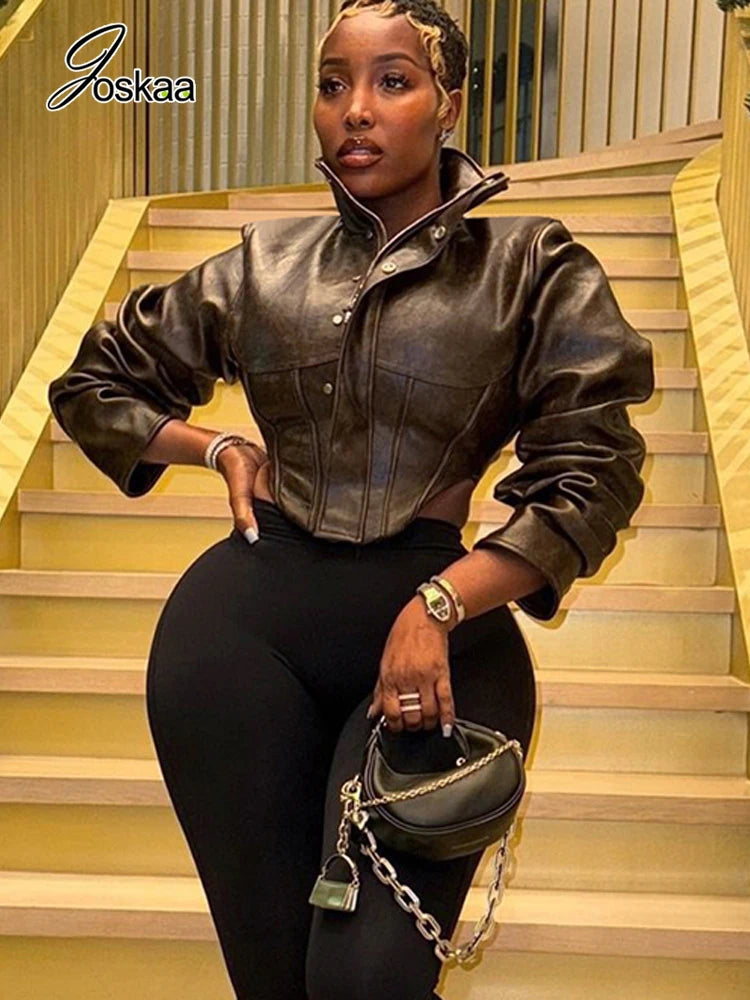 Women's Faux Leather Long Sleeve Crop Jacket – Women's Fashion Wholesale – Front View