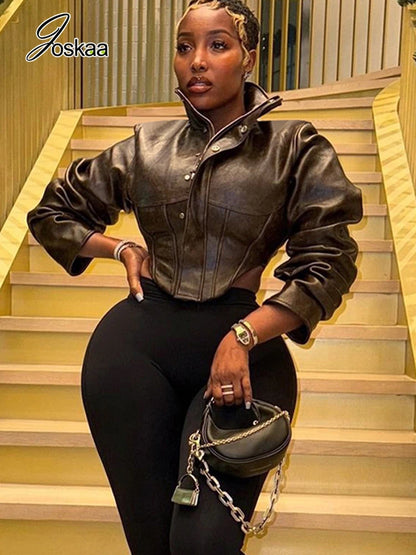 Women's Faux Leather Long Sleeve Crop Jacket – Women's Fashion Wholesale – Front View