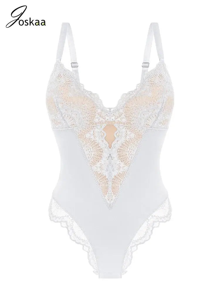 Women's Lace Patchwork Bodysuits V-neck Bodysuit Coffee – Side View